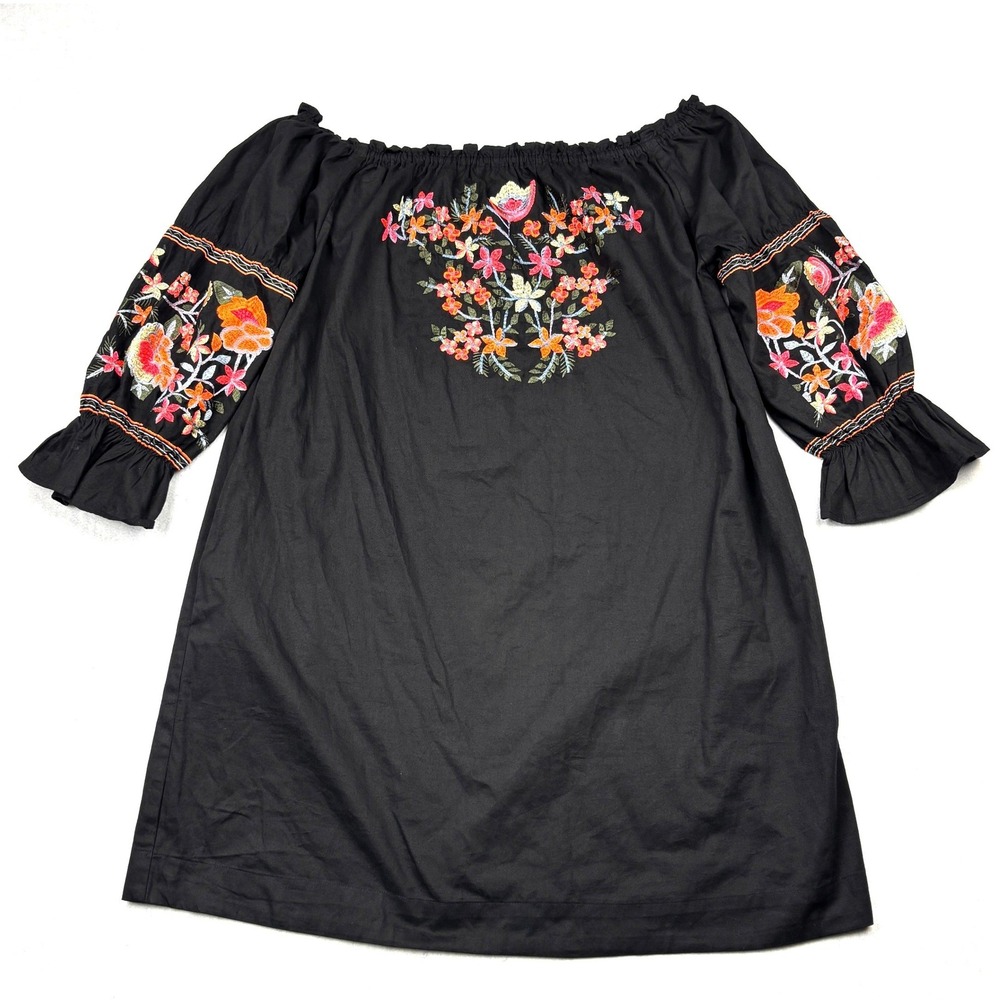 Poof New York Dress Womens‎ 2X Black Floral Embroidered Off The Shoulder Boho 2X